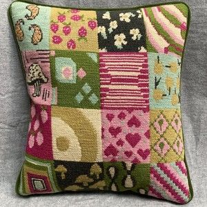Needlepoint Pillow Patchwork Squares Of Mushrooms Strawberry Hearts Velvet Back